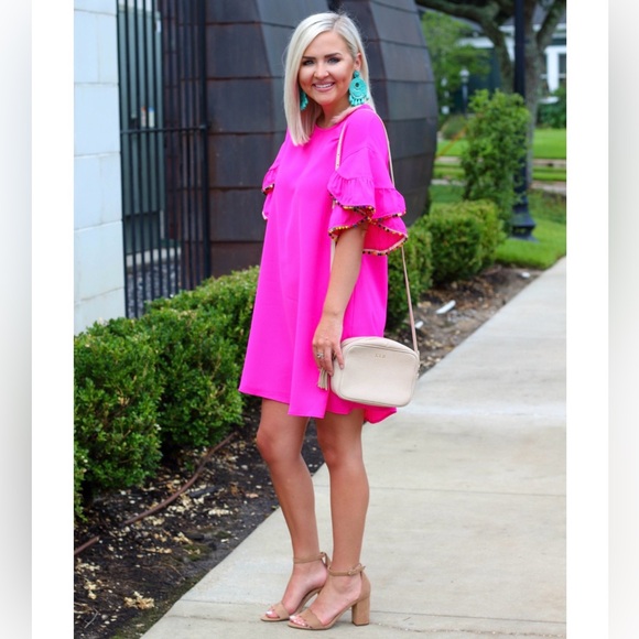 Very J Dresses & Skirts - NEW! VERY J Hot Pink Shift Dress with Pom Pom sleeves size Small